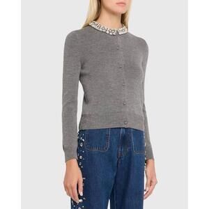 New Veronica Beard Daro Embellished Merino Cardigan In DARK HEATHER  Sz M $498